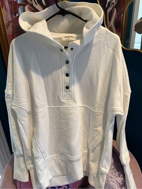 Zenana Outfitters White Hooded Snap-Button Pullover